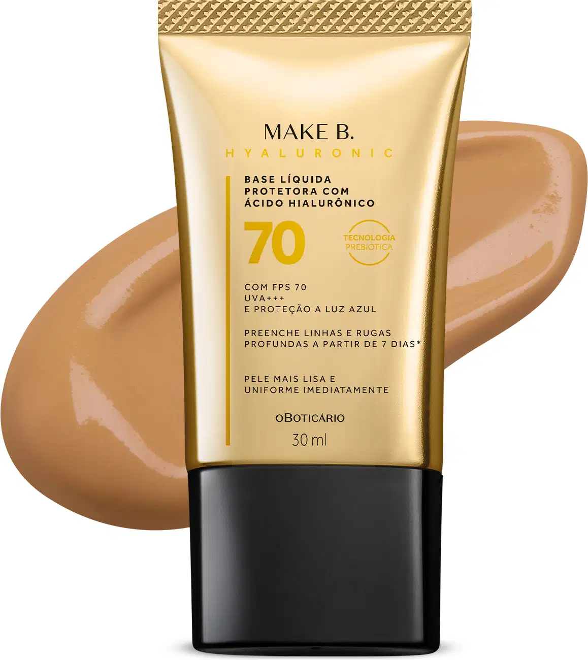 Imagem do tubo de base líquida protetora Make B. Hyaluronic Cor 50. Ele é dourado, possui tampa preta e informações em letras pretas e laranja. Atrás da embalagem está a textura do produto, mostrando sua intensidade e a real cor da base.