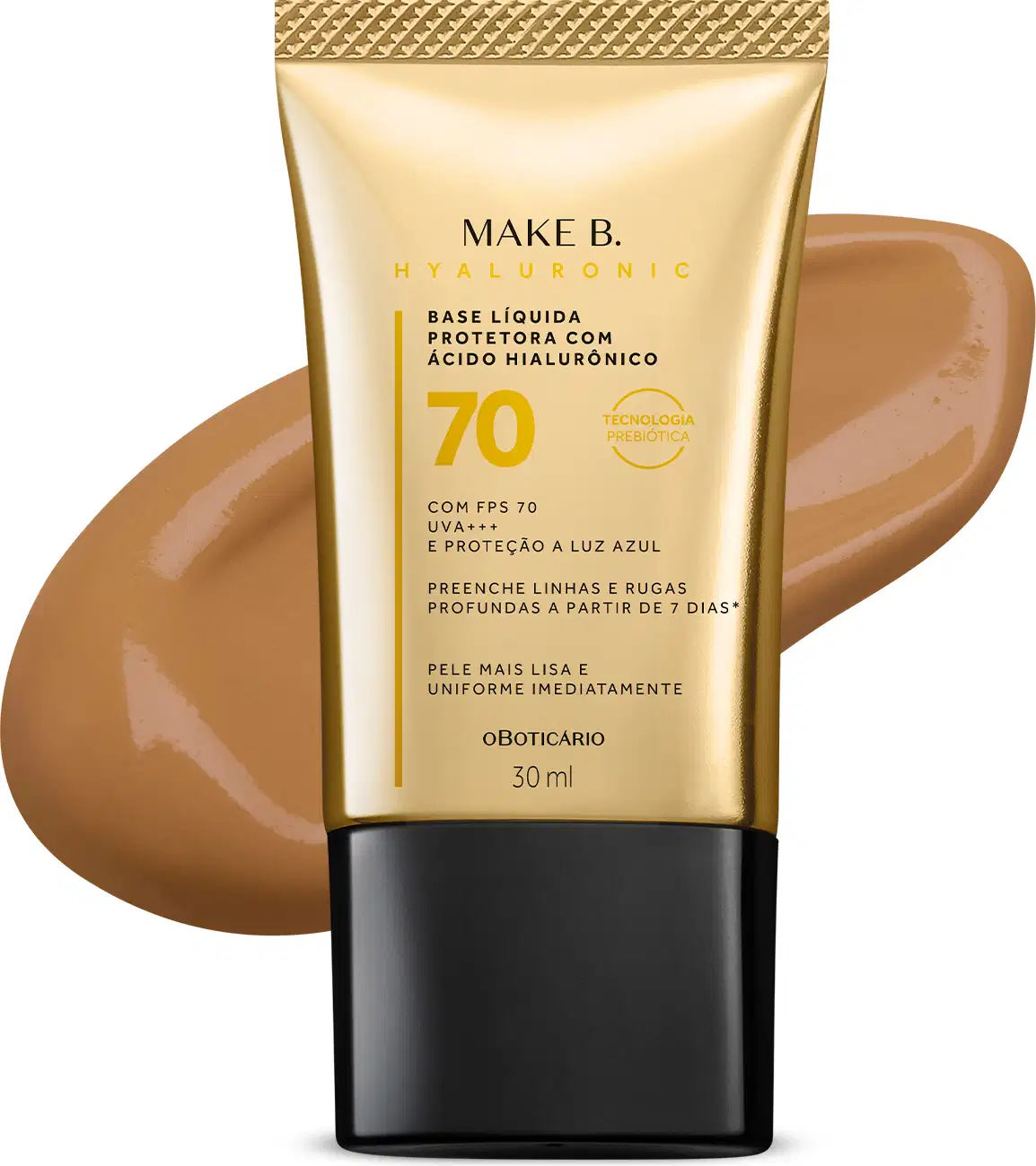 Imagem do tubo de base líquida protetora Make B. Hyaluronic Cor 60. Ele é dourado, possui tampa preta e informações em letras pretas e laranja. Atrás da embalagem está a textura do produto, mostrando sua intensidade e a real cor da base.