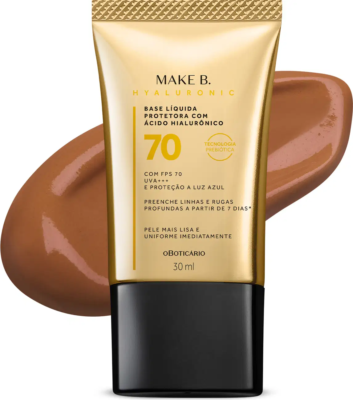 Imagem do tubo de base líquida protetora Make B. Hyaluronic Cor 70. Ele é dourado, possui tampa preta e informações em letras pretas e laranja. Atrás da embalagem está a textura do produto, mostrando sua intensidade e a real cor da base.