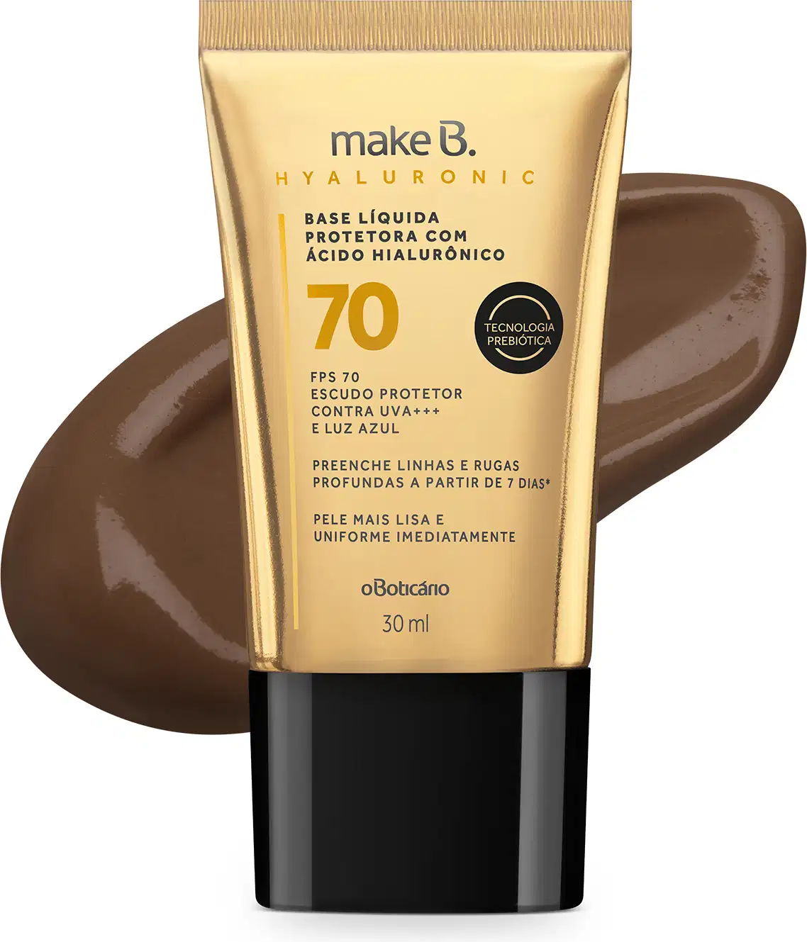 Bisnaga de base líquida protetora com ácido hialurônico da marca Make B., com FPS 70, embalagem em tubo dourado e tampa preta, com informações sobre benefícios e tecnologia prebiótica impressas. Ao fundo, um splash de base na cor marrom escuro.
