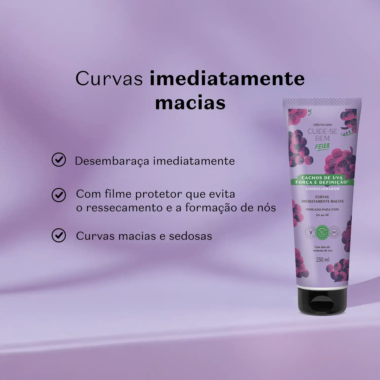 Embalagem de condicionador Cuide-se Bem Cachos de Uva em fundo roxo, com texto sobre suas propriedades e benefícios, como desembaraço imediato, filme protetor e curvas macias.