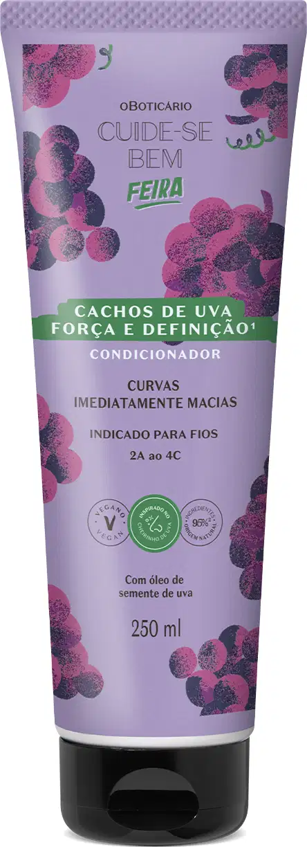 Embalagem de 250ml de condicionador para cabelos da marca Cuide-se bem Cachos de Uva, com frasco lilás, rótulo com ilustrações de uvas e texto indicando força e definição para fios.