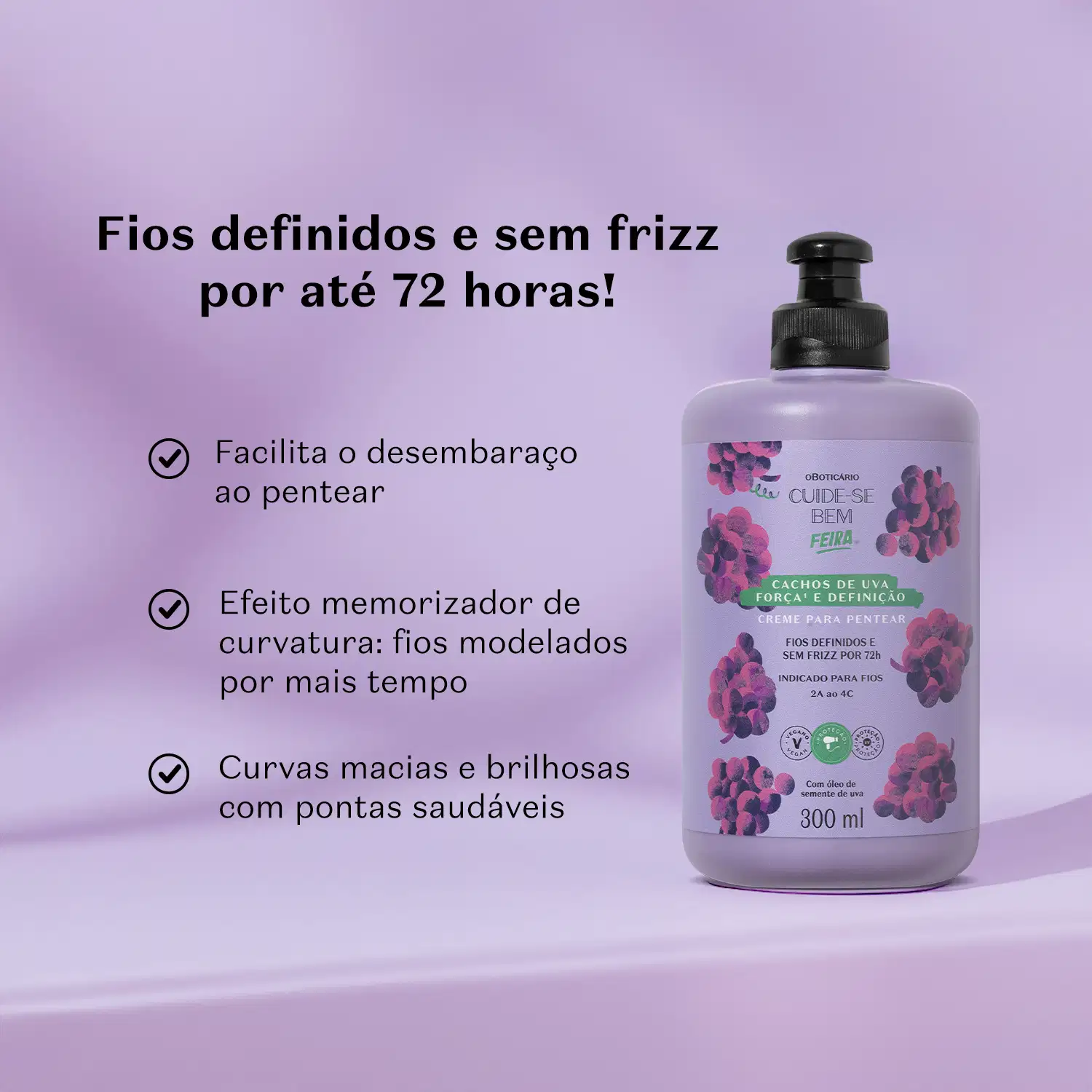 Embalagem de creme para pentear com rótulo da marca Cuide-se bem Cachos de Uva em fundo roxo, com informações sobre definição e controle de frizz por até 72 horas, e ilustrações de cachos de uva.
