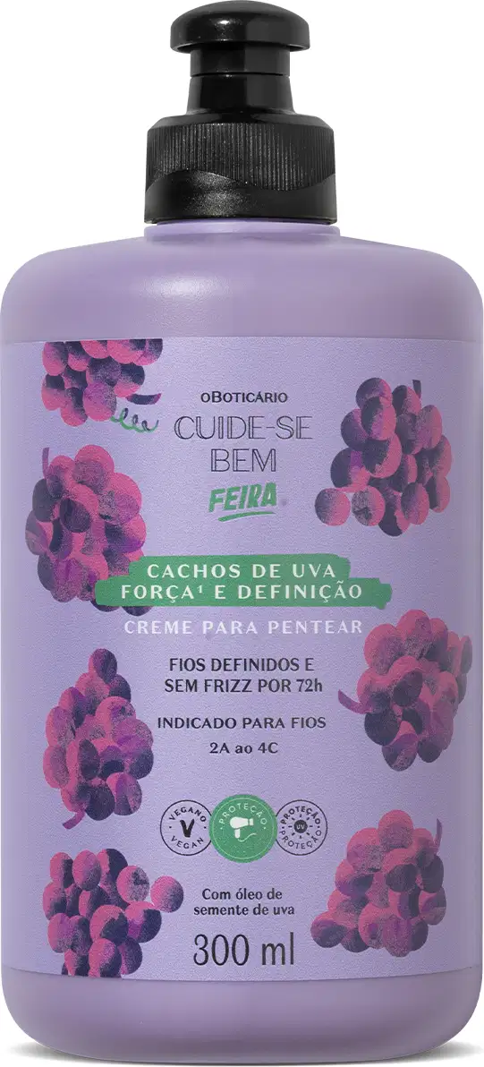 Frasco lilás com bico dosador preto e rótulo roxo com ilustrações de uvas, contendo creme para pentear da marca Cuide-se Bem Cachos de Uva. A embalagem contém 300ml de produto.