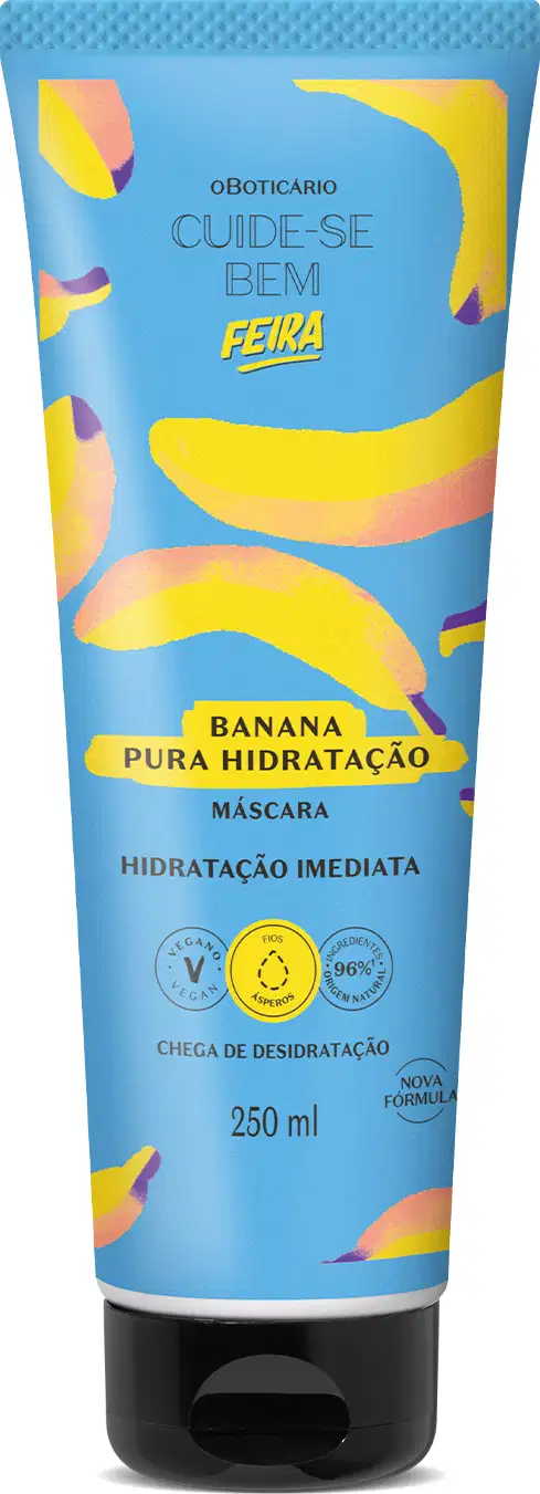 Imagem de máscara hidratante capilar da marca Cuide-se Bem Banana, em embalagem de bisnaga azul com ilustrações de bananas e tampa preta. O recipiente traz 250ml do produto.