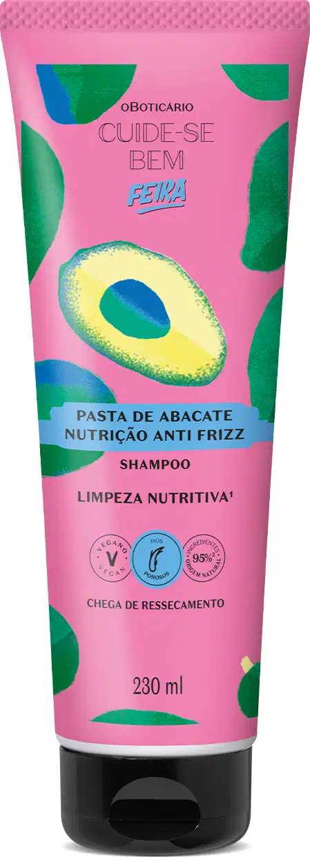 Imagem de uma bisnaga roxa com imagem de abacate e tampa preta contendo 230ml de shampoo da marca Cuide-se Bem Pasta de Abacate.