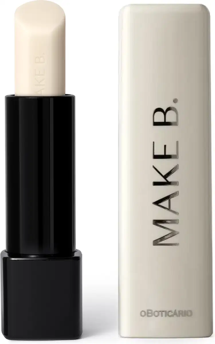 Balm Labial Noturno Make B. Lip Chronology Night Peeling em embalagem preta com tampa branca e marca em letras cinza contendo 3,6g de balm labial na cor branca.