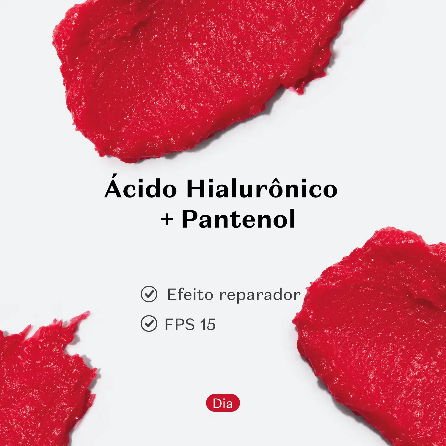 Manchas de balm labial vermelho da marca Make B. Lip Chronology Color Repair em fundo branco com letras pretas informando os benefícios do produto.