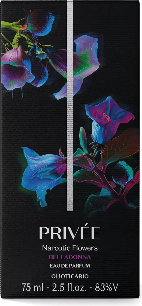 Caixa de Eau De Parfum Privée Narcotic Flowers Belladonna com design escuro e flores azuis e roxas em destaque, rótulo com informações sobre o produto.