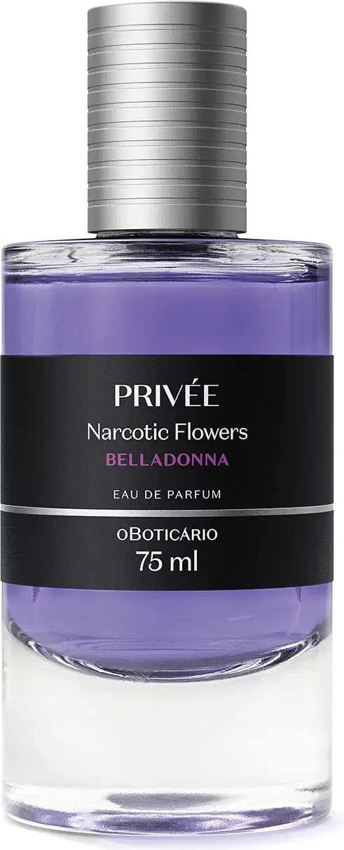 Frasco transparente com líquido azul de Eau de Parfum Privée Narcotic Flowers Belladonna, com rótulo preto e letras branca, contendo 75ml da fragrância.