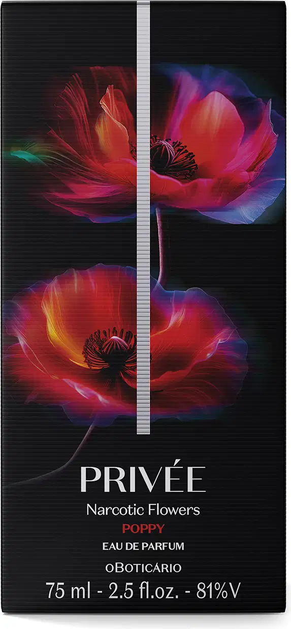 Embalagem preta com flores vermelhas e azuis brilhantes de Eau de Parfum Privée Narcotic Flowers Poppy, rótulo preto e informações sobre o produto.