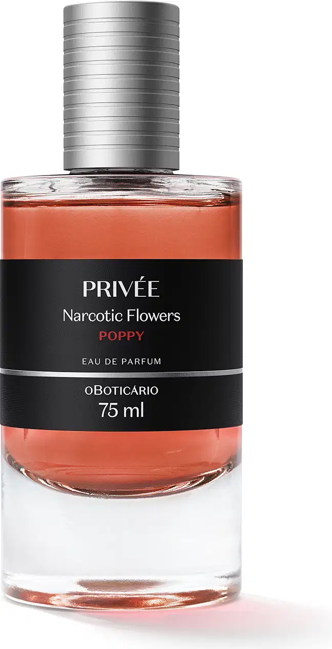 Frasco transparente de 75ml de Eau de Parfum Privée Narcotic Flowers Poppy , com formato cilíndrico e tampa prateada, contendo líquido de cor laranja. Rótulo preto com informações sobre o produto.