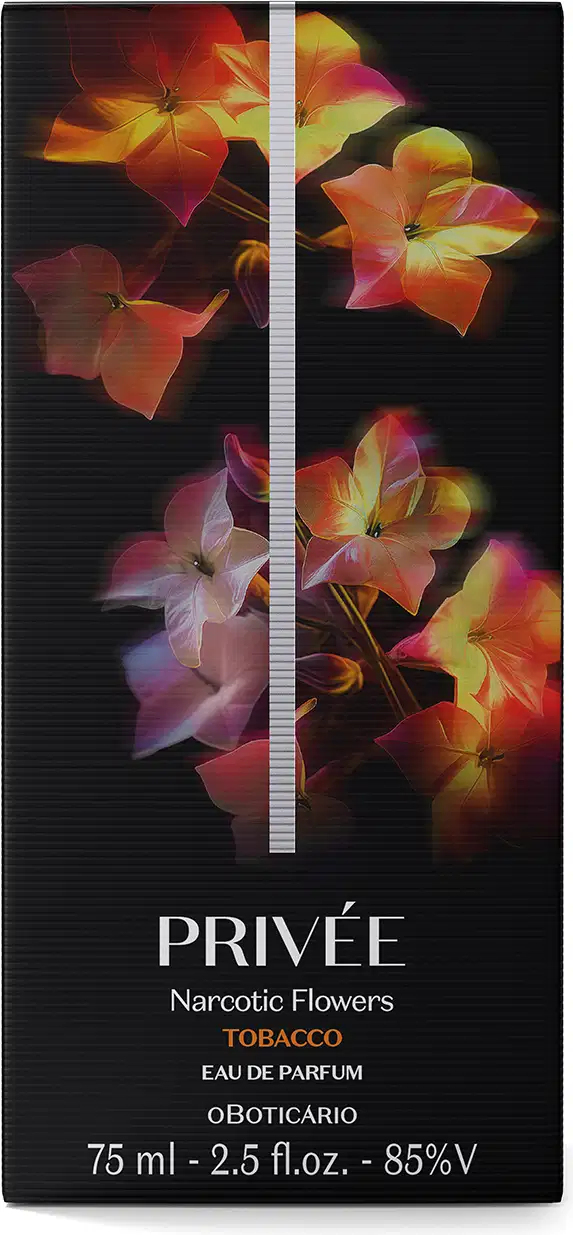 Caixa de Eau De Parfum Privée Narcotic Flowers Tobacco com flores narcóticas em tons de vermelho, amarelo e rosa em fundo preto.