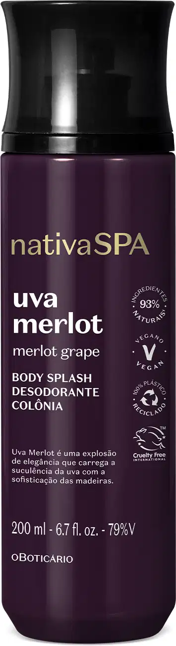 Frasco roxo escuro de body splash da marca Nativa SPA Uva Merlot , com rótulo de letras brancas e douradas contendo 200ml de produto.