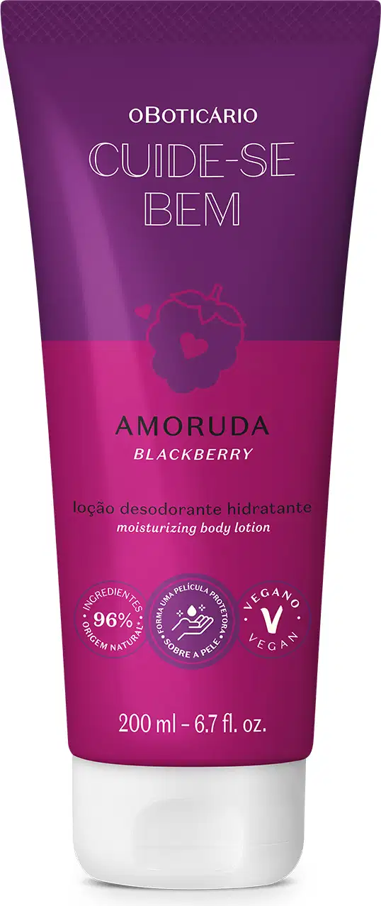 Frasco de loção corporal hidratante da marca Cuide-se Bem Amoruda, na cor roxa e branca, com rótulo contendo ilustração de amoras. O produto é apresentado em embalagem de 200 ml.