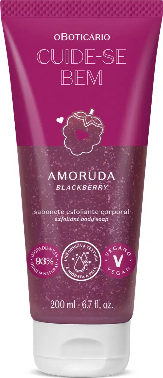 Frasco roxo com ilustração de amora e tampa roxa contendo 200ml de loção hidratante corporal da marca Cuide-se Bem Amoruda.
