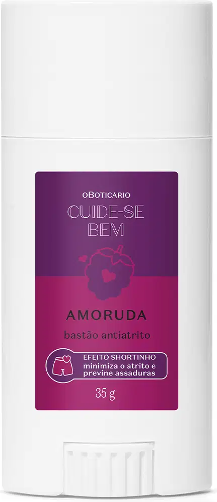 Embalagem branca do bastão anti atrito da marca Cuide-se Bem Amoruda, com rótulo roxo contendo o nome da marca e amoras ilustradas. O frasco contém 35g do produto.