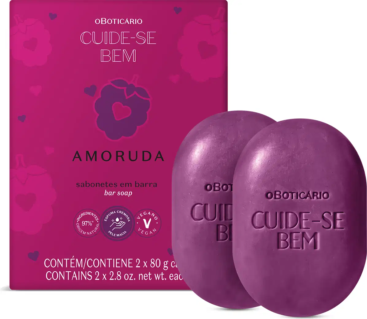 Dois sabonetes em barra de cor roxa da marca Cuide-se bem Amoruda, com caixa roxa com ilustrações de amoras e letras roxas, pretas e brancas.