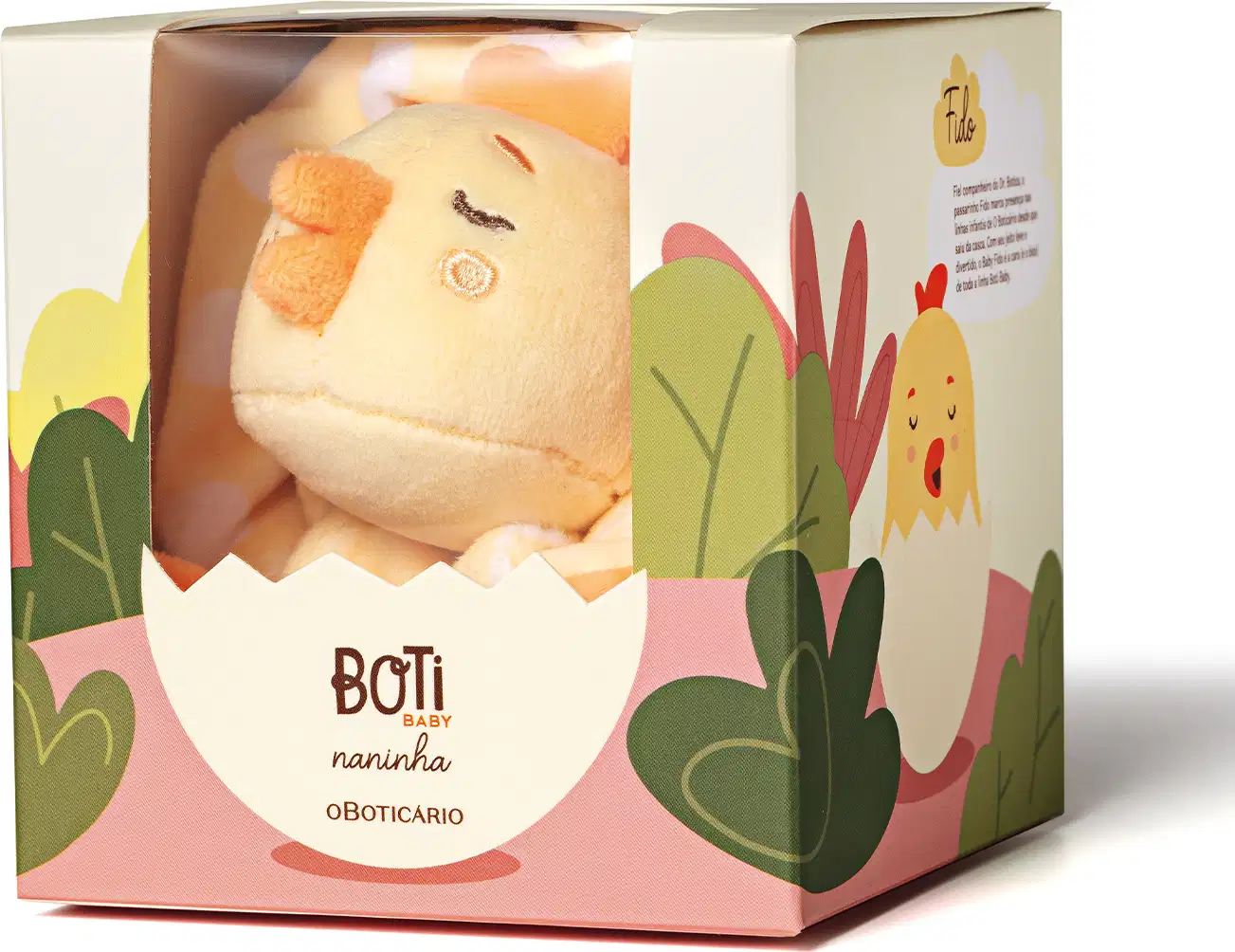 Caixa de papelão com ilustrações coloridas em tons de branco, rosa e verde com uma janela de acetato através da qual se vê um brinquedo de pelúcia em formato de pintinho amarelo dentro.