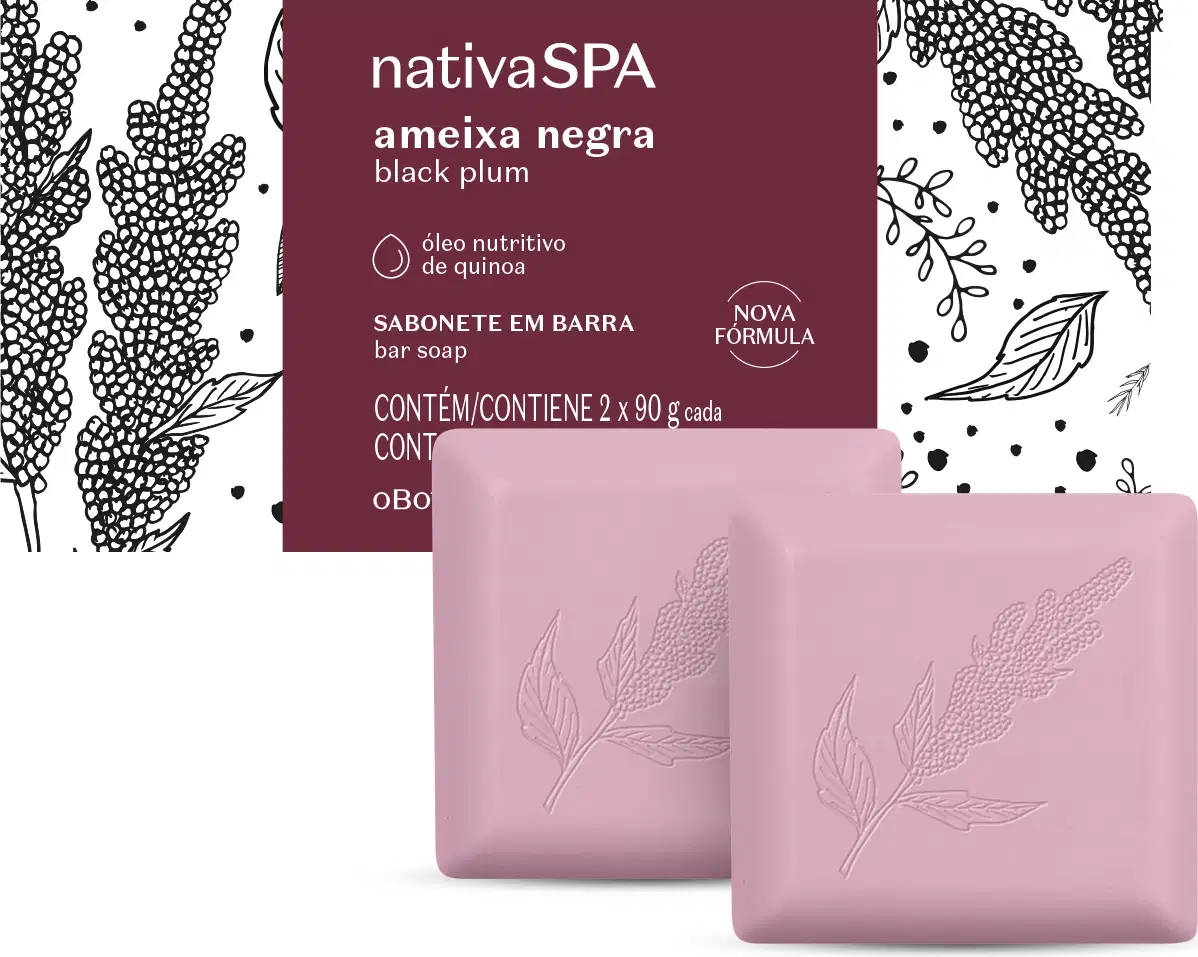 Caixa branca com rótulo roxo e ilustrações em preto e dois sabonetes em barra quadrados na cor lilás da marca Nativa SPA Ameixa Negra.