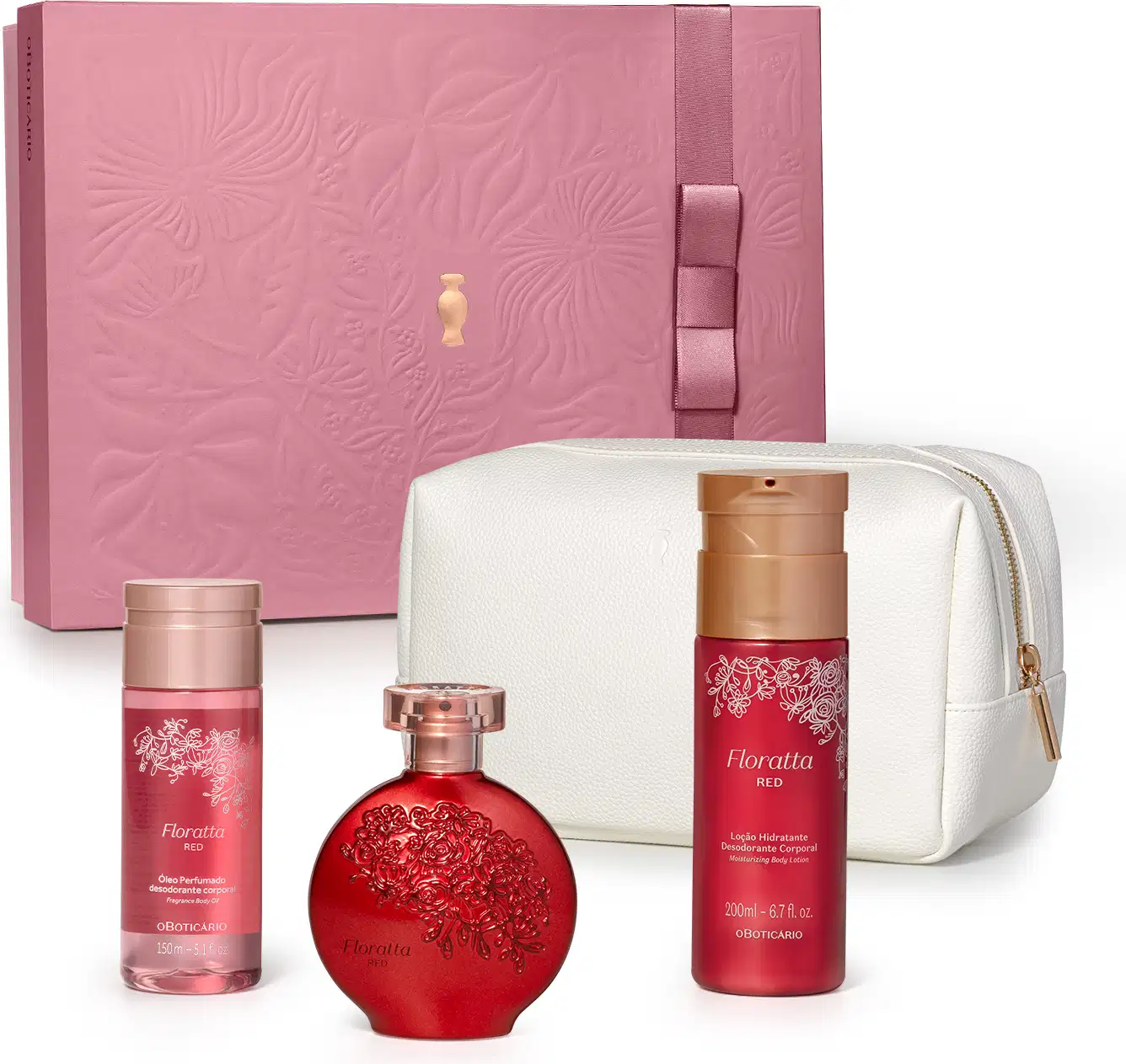Caixa de presente rosa, nécessaire branco e três produtos da marca Floratta Red, sendo um frasco de óleo perfumado corporal, vidro de desodorante colônia e embalagem de loção hidratante corporal, todos em cor vermelha com detalhes dourados.