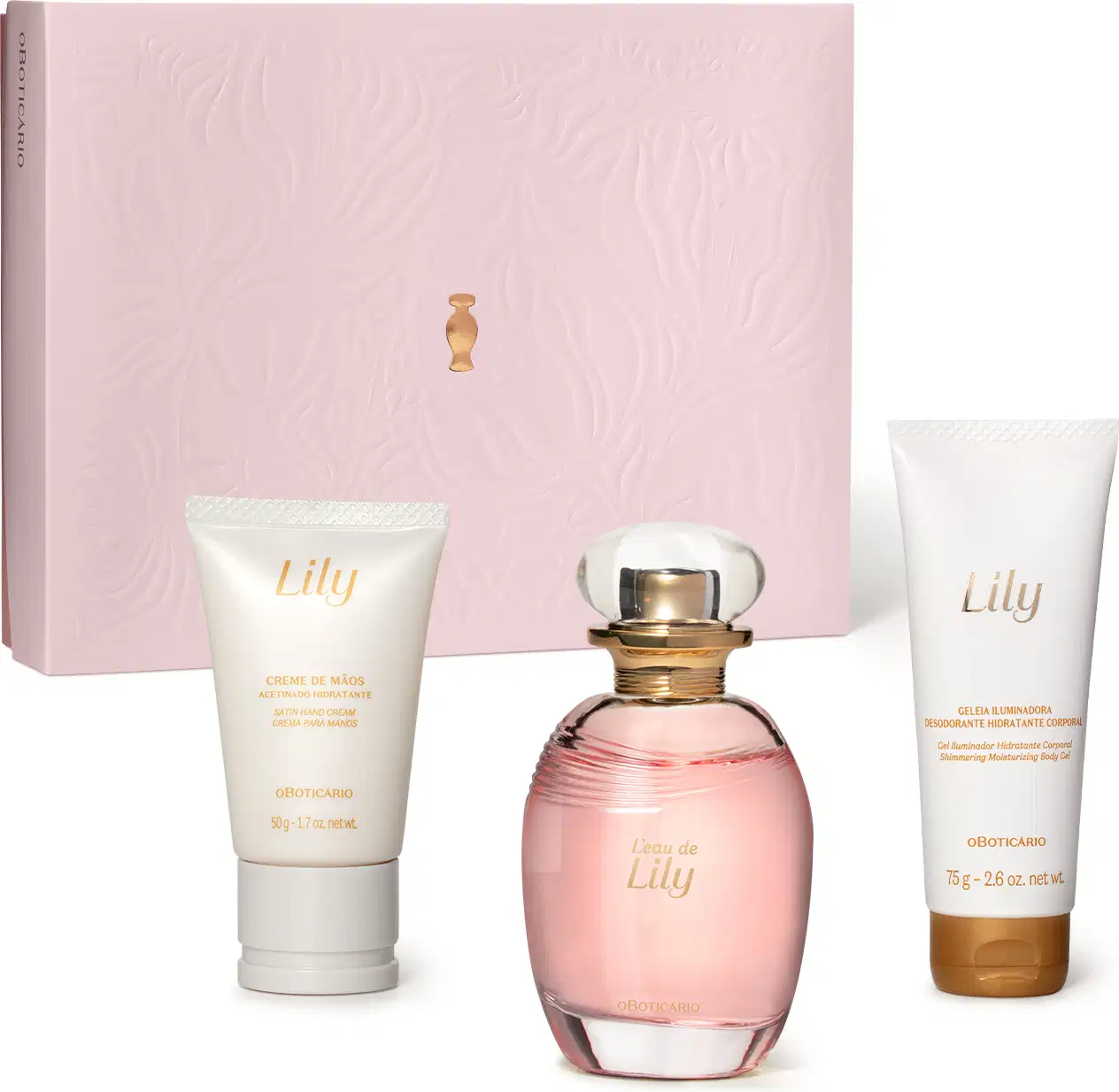 Kit Lily Soleil contendo dois frascos brancos e dourados de creme hidratante para as mãos e geleia iluminadora corporal, frasco com líquido rosa e tampa dourada de L'eau de Lily e uma caixa rosa com detalhe dourado.