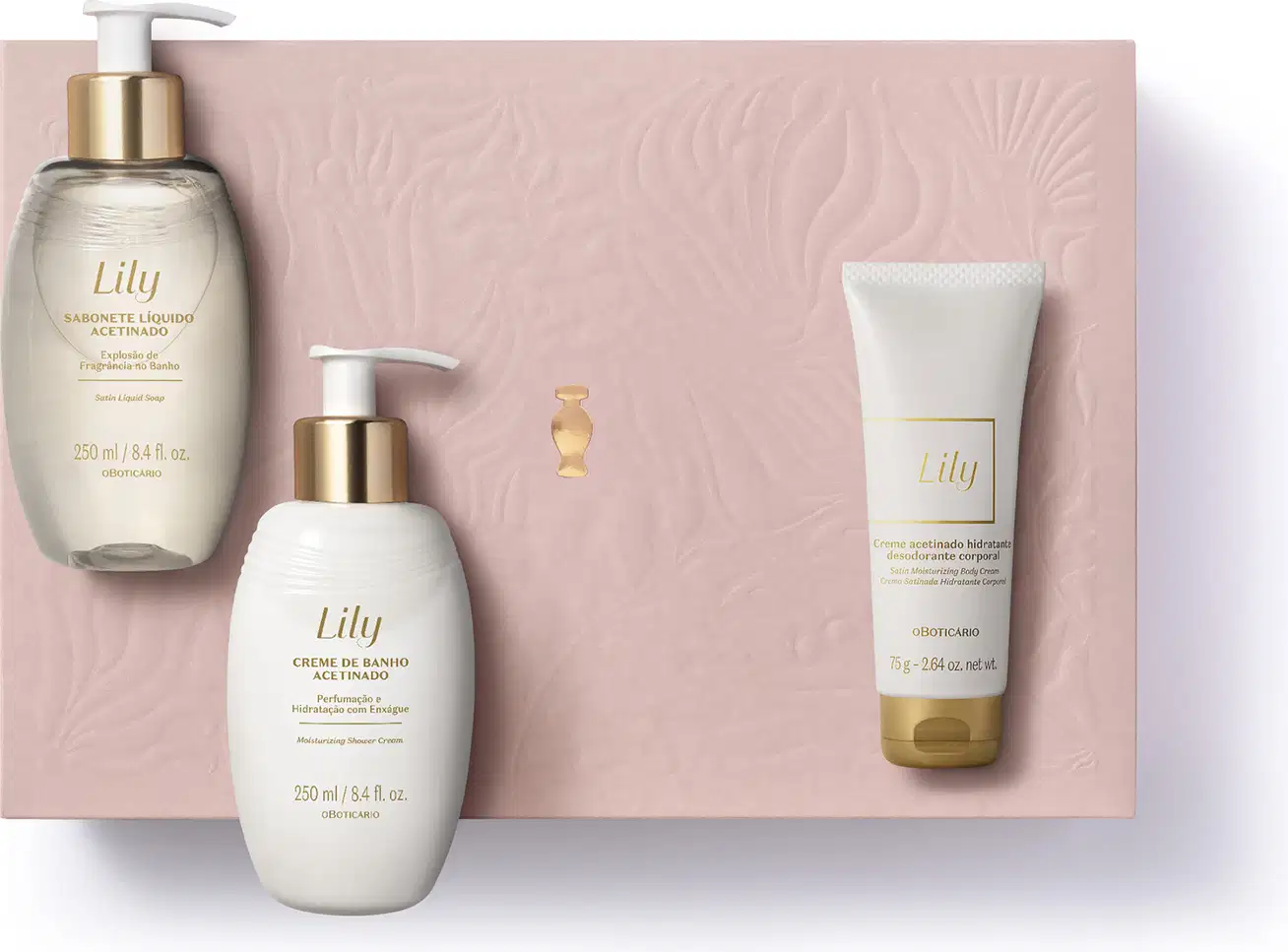Caixa rosa com detalhe dourado e três produtos de cuidados corporais da marca Lily: bisnaga de creme acetinado corporal, frasco de creme de banho acetinado e outro frasco de sabonete líquido, todos em tons de dourado e branco.