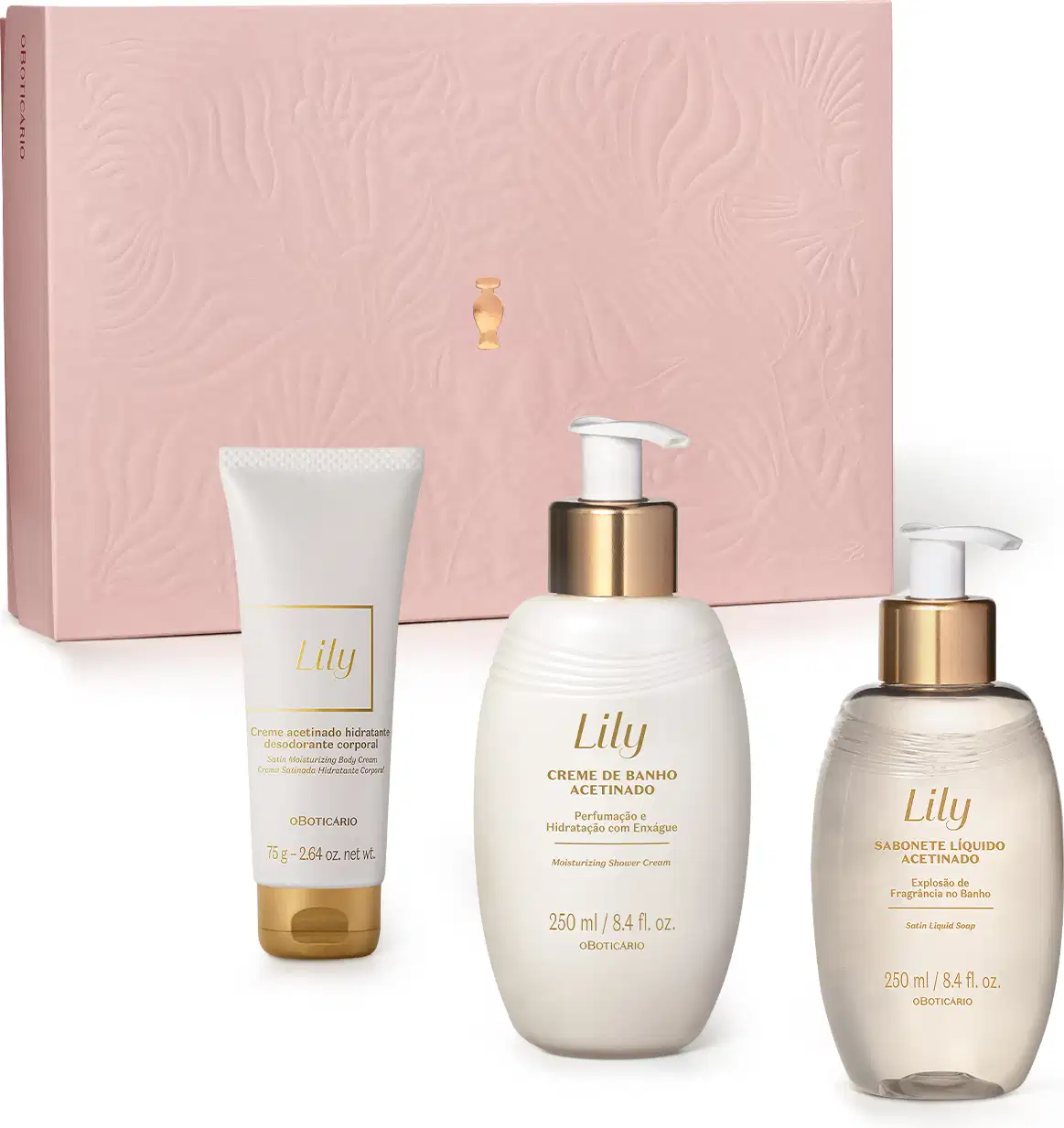 Caixa rosa com detalhe dourado e três produtos de cuidados corporais da marca Lily: bisnaga de creme acetinado corporal, frasco de creme de banho acetinado e outro frasco de sabonete líquido, todos em tons de dourado e branco.