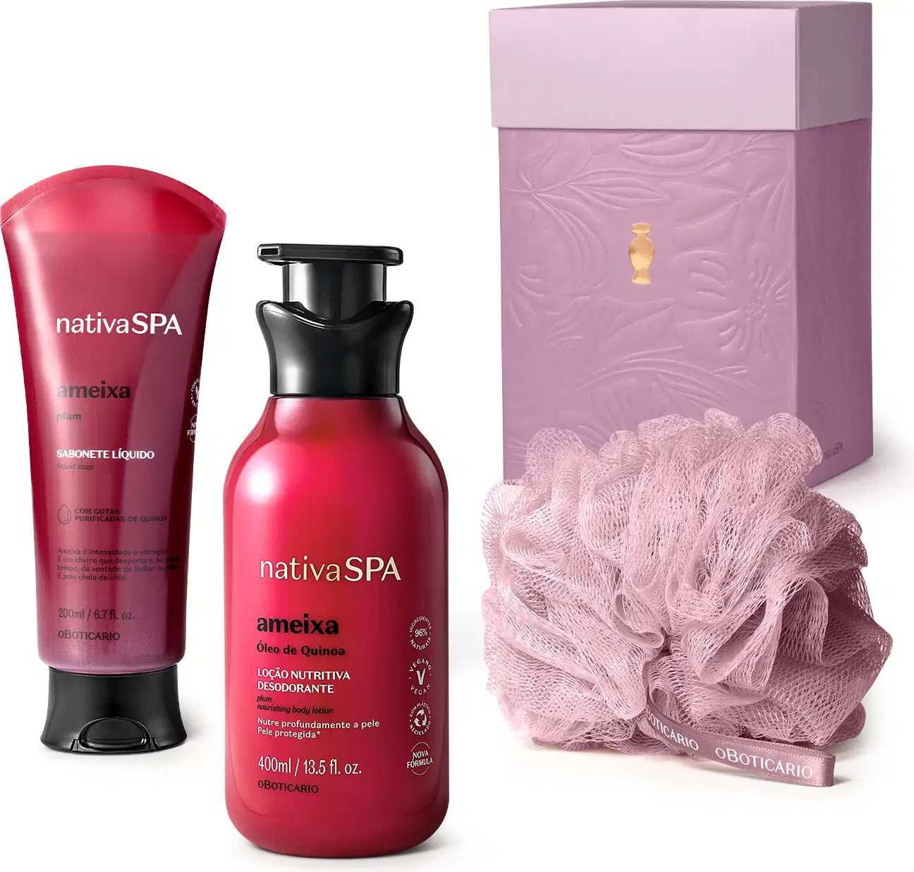 Caixa roxa com detalhe dourado, esponja de banho roxa e dois produtos Nativa SPA Ameixa, sendo uma bisnaga de sabonete líquido corporal e um frasco de loção nutritiva desodorante, ambos em embalagem rosa vibrante com tampa preta.