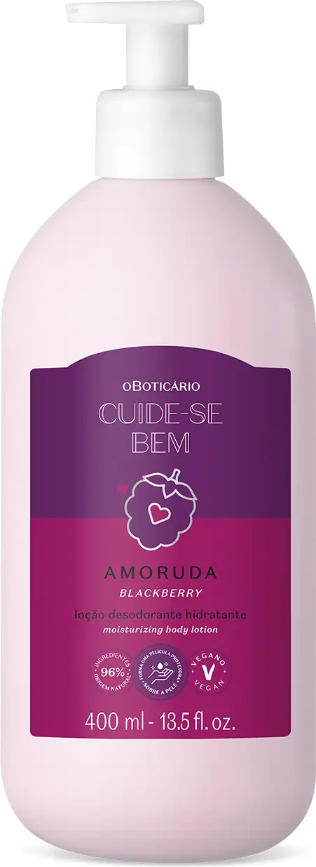 Frasco branco e rótulo roxo com ilustração de amora contendo 400ml de loção hidratante corporal da marca Cuide-se Bem Amoruda.