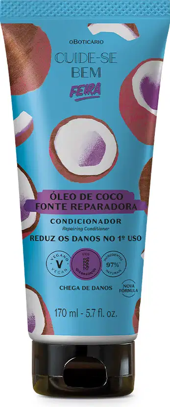 Condicionador de cabelo Cuide-se Bem com óleo de coco, em embalagem de 170 ml com rótulo azul e detalhes coloridos, promete reparar danos no primeiro uso.