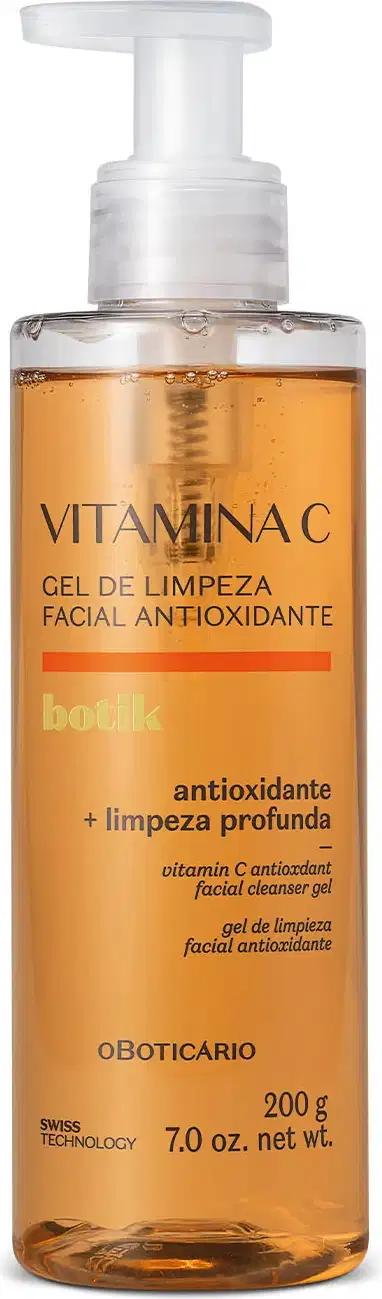 Imagem do frasco de gel de limpeza facial antioxidante da marca Botik Vitamina C, com bomba doseadora branca. A embalagem é transparente e o produto é laranja. O rótulo tem detalhes em laranja e letras pretas.
