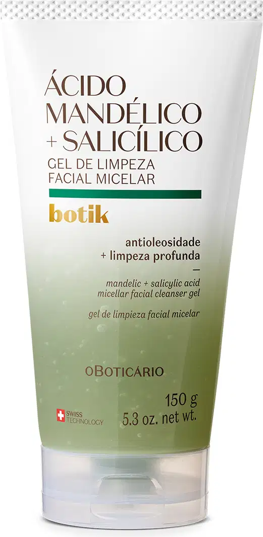Imagem de um gel de limpeza facial micelar com ácido mandélico e ácido salicílico da marca Botik, em embalagem branca com detalhes verdes, contendo informações sobre propriedades antioléosidade e limpeza profunda.