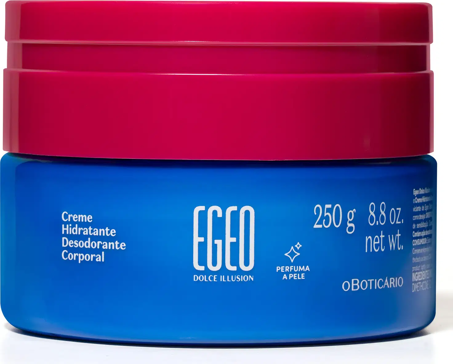 Imagem de recipiente azul com tampa rosa contendo 250g de creme hidratante desodorante corporal da marca Egeo Dolce Illusion. O rótulo apresenta o nome da marca e informações sobre o produto.