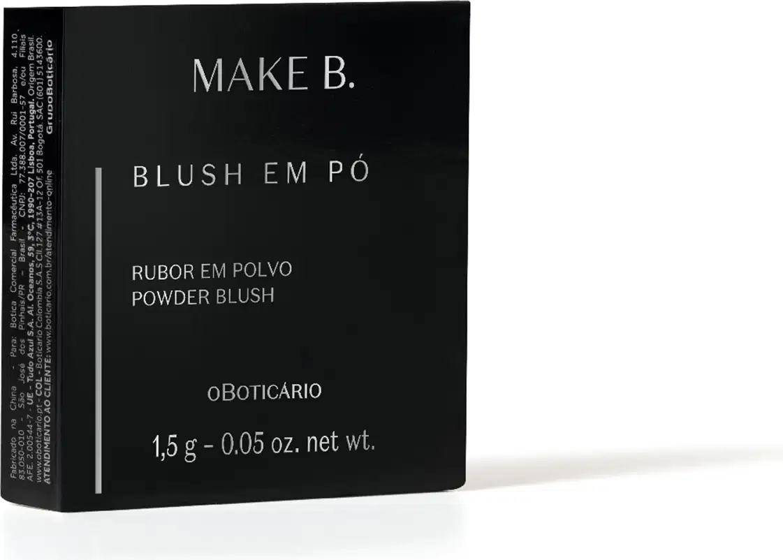 Caixa de papelão preta de item de maquiagem da marca Make B., com texto "Blush em pó" em branco, informando que o conteúdo pesa 1,5 g - 0,05 oz.