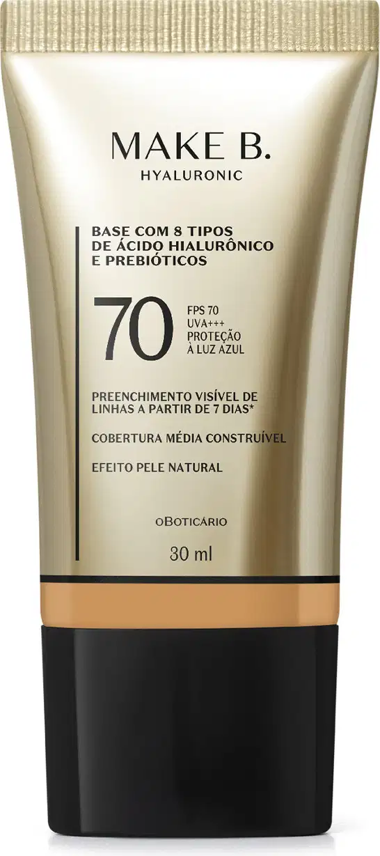 Frasco de base com 8 tipos de ácido hialurônico e probióticos da marca Make B., com FPS 70, UVA+++ e proteção à luz azul. Embalagem em tons de bege e preto, com informações sobre o produto.