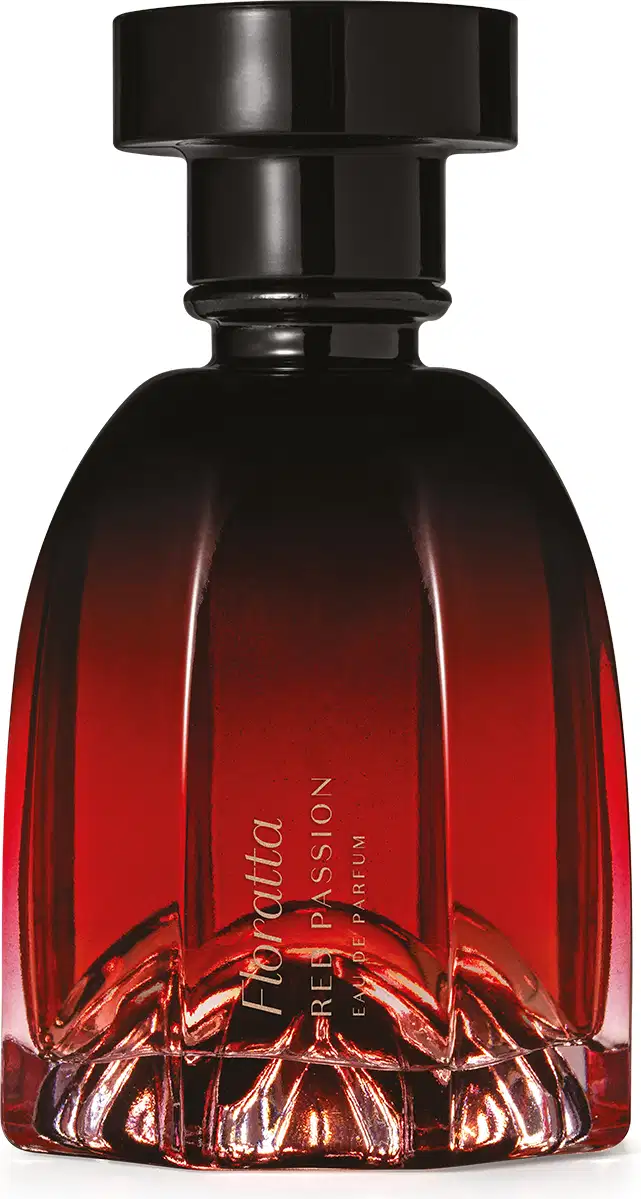 Frasco de perfume Floratta em formato cilíndrico com tampa preta, apresentando degradê de vermelho escuro a preto, com rótulo destacado em vermelho.