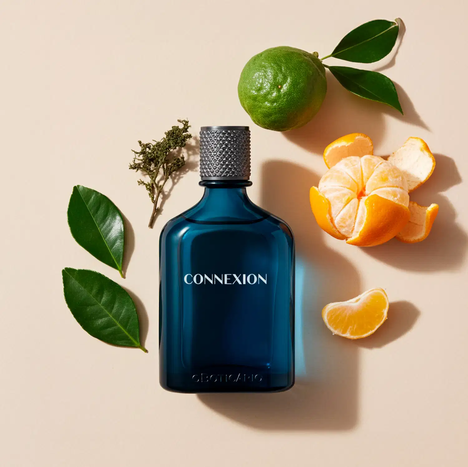 Imagem de um frasco azul-marinho de desodorante colônia da marca Boticollection Connexion em fundo bege, com folhas verdes e bergamotas abertas e fechadas ao redor, criando um cenário natural e aromático.