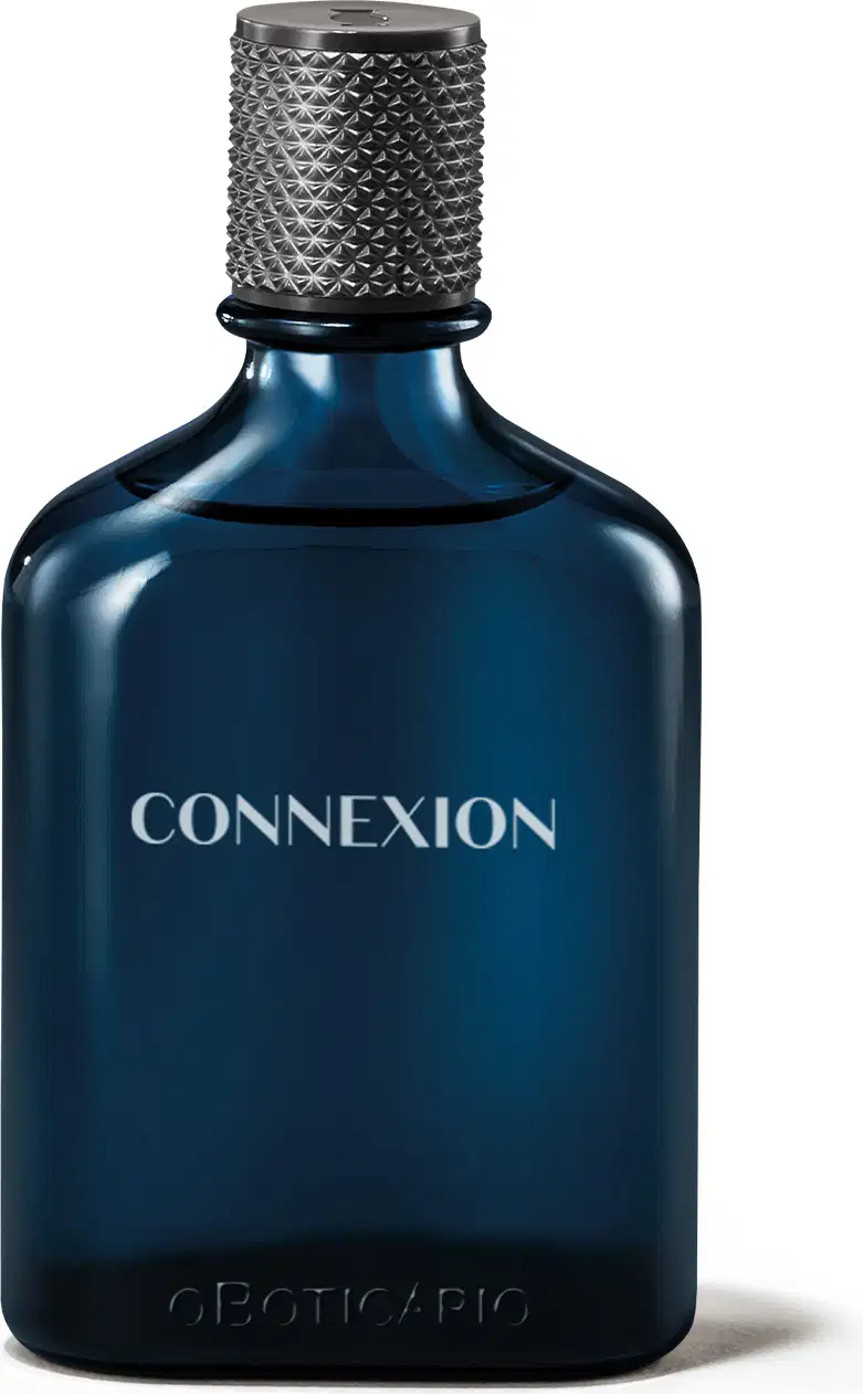 Imagem de vidro azul-marinho do desodorante colônia Boticollecion Connexion. A embalagem possui tampa preta e contém 100ml do produto. Seu design sugere uma fragrância sofisticada e luxuosa.