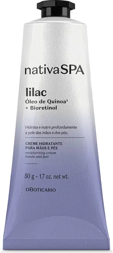 Imagem da bisnaga branca e lilás da marca Nativa SPA Lilac com tampa e rótulo pretos, contendo creme hidratante para mãos e pés com óleo de quinoa e bioretinol. A embalagem possui 50g.