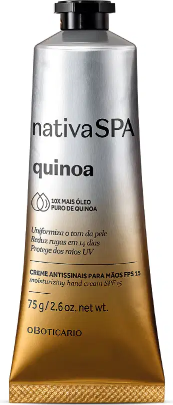 Imagem da bisnaga de creme hidratante para mãos da marca Nativa SPA Quinoa, com embalagem em tom prateado e dourado, rótulo com nome do produto e informações sobre benefícios e proteção UV impresso em letras pretas.