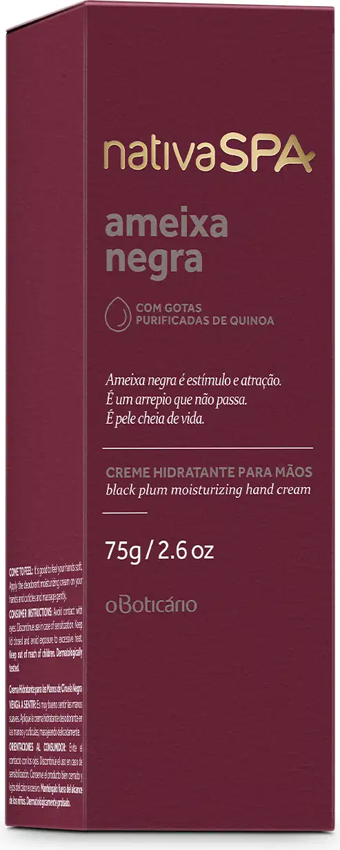 Caixa contendo creme hidratante para mãos feita em papelão na cor vinho com texto em branco com informações da marca Nativa SPA Ameixa Negra, ingredientes, beneficios do produto e volumetria de 75g.