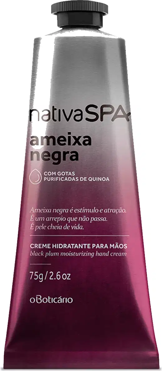 Frasco de creme hidratante para mãos da marca Nativa SPA da linha Ameixa Negra, com embalagem em degradê de roxo ao prateado, contendo texto e informações sobre ingredientes e benefícios.
