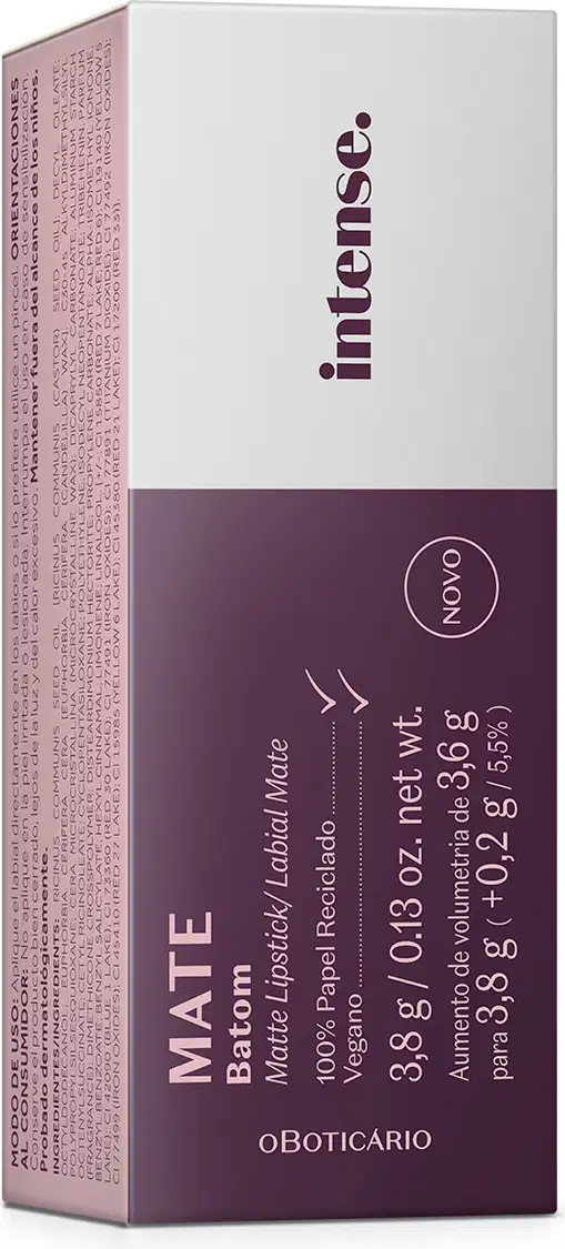 Imagem da caixa branca e roxa do batom cremoso da marca Intense, contendo informações sobre o produto no rótulo.