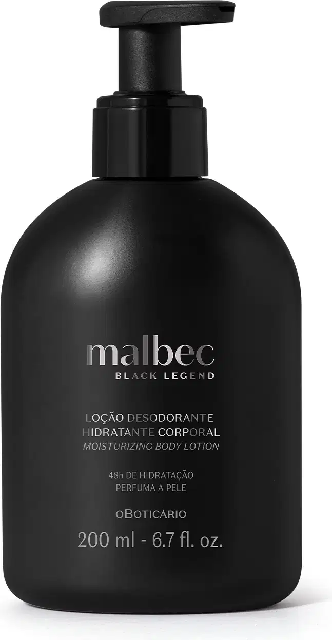 Frasco preto de 200 ml de loção corporal hidratante da marca Malbec Black Legend. O frasco possui um rótulo com o nome da marca e informações sobre o produto em português.