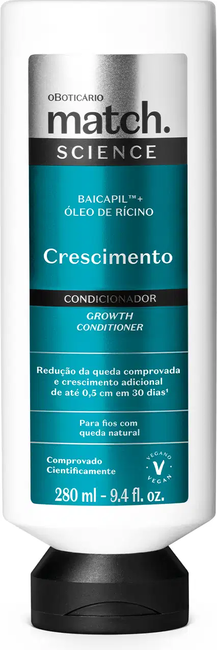 Frasco de condicionador branco com tampa preta e rótulo azul da marca Match Science Crescimento, com texto escrito em branco contendo informações sobre benefícios do produto, volumetria de 250ml e instruções de uso.