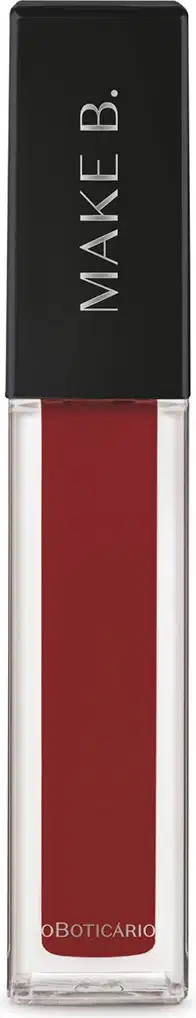 Imagem do frasco transparente do batom líquido Make B. em tom de vermelho intenso e tampa preta com texto legível.