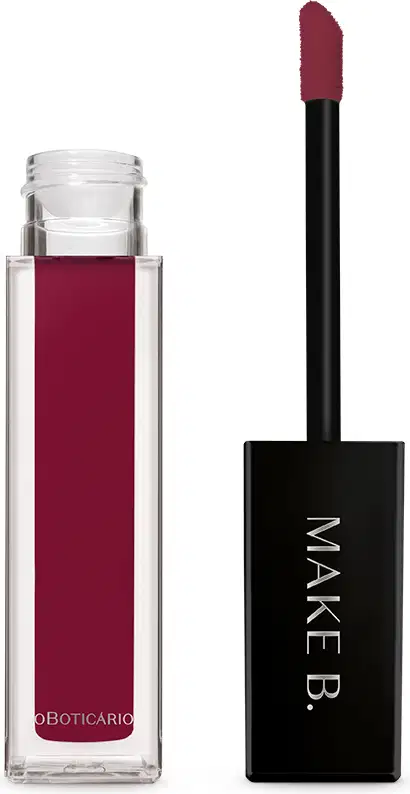 Batom líquido da linha Make B. na cor pink aberto. Na imagem, podemos ver o aplicador e o frasco lado a lado em fundo branco.