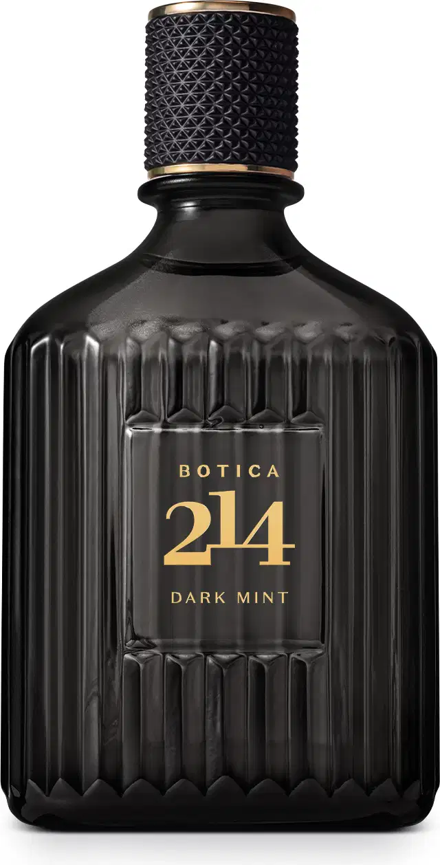 Frasco de vidro preto canelado com rótulo dourado e tampa texturizada de eau de parfum da marca Botica 214 Dark Mint.