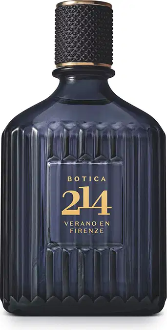 Imagem do frasco de Eau de Parfum da marca Botica 214, com design escuro e texturizado, rótulo dourado com o nome da fragrância "Verano en Firenze". O frasco possui um design elegante e sofisticado, com uma tampa preta e detalhes dourados.